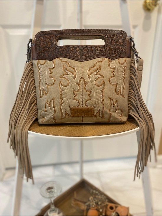 Wrangler Handbags - Wrangler Beige and Brown Fringe Embroidered Shoulder Bag